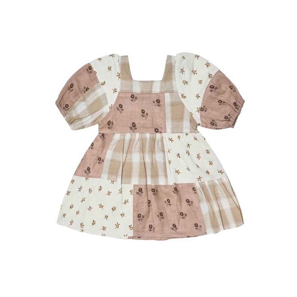Girls Patchwork Floral Babydoll Dress in Cream & Dusty Rose
